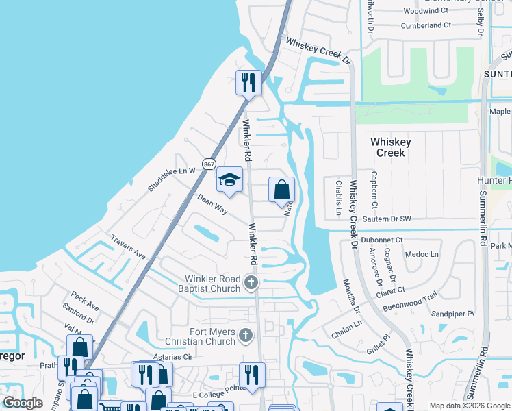 map of restaurants, bars, coffee shops, grocery stores, and more near 5615 Winkler Road in Fort Myers