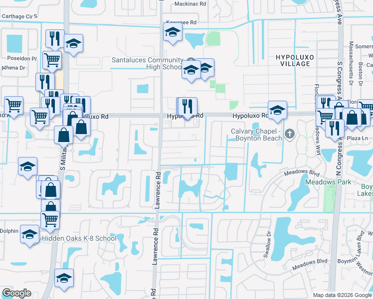 map of restaurants, bars, coffee shops, grocery stores, and more near 3834 Jonathans Way in Boynton Beach
