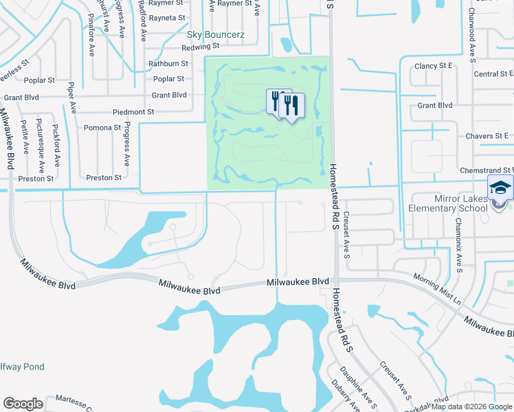 map of restaurants, bars, coffee shops, grocery stores, and more near 502 Quercus Court in Lehigh Acres