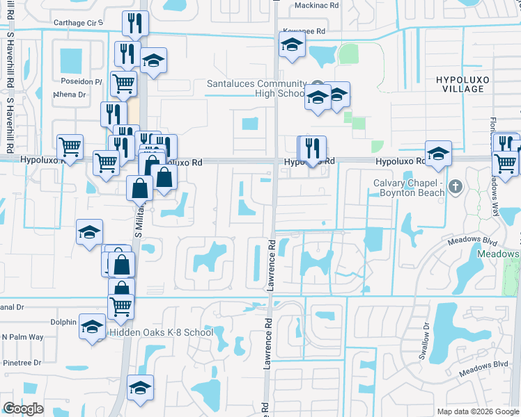 map of restaurants, bars, coffee shops, grocery stores, and more near 7181 Old Orchard Way in Boynton Beach