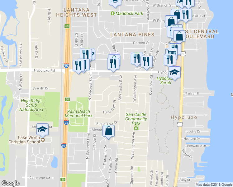 map of restaurants, bars, coffee shops, grocery stores, and more near 450 Plum Tree Drive in Lantana