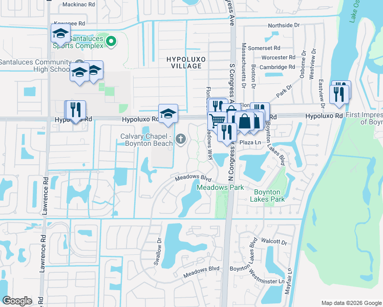 map of restaurants, bars, coffee shops, grocery stores, and more near 916 Meadows Circle in Boynton Beach