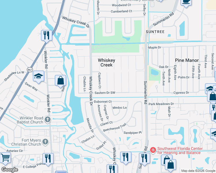 map of restaurants, bars, coffee shops, grocery stores, and more near 5586 Buring Ct in Fort Myers