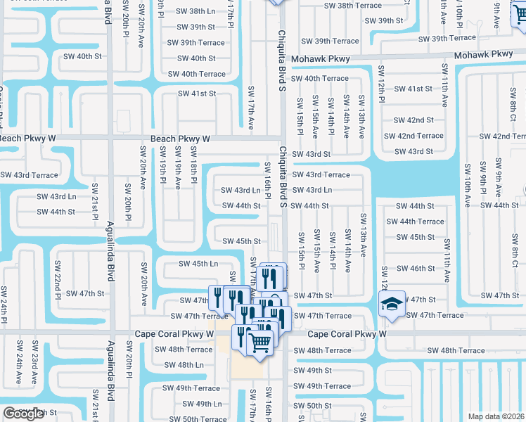 map of restaurants, bars, coffee shops, grocery stores, and more near 4406 Southwest 16th Place in Cape Coral