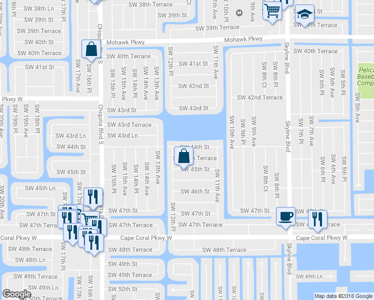 map of restaurants, bars, coffee shops, grocery stores, and more near 1132 Southwest 44th Street in Cape Coral