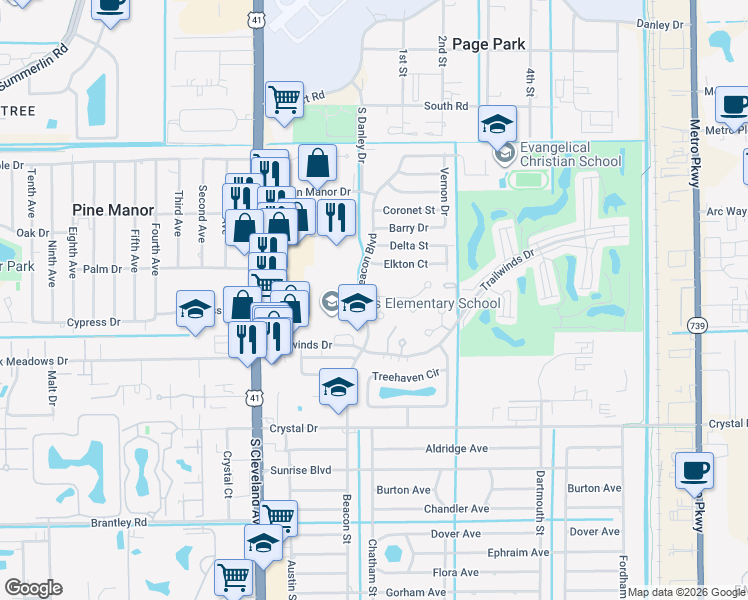 map of restaurants, bars, coffee shops, grocery stores, and more near 2168 Leisure Lane in Fort Myers