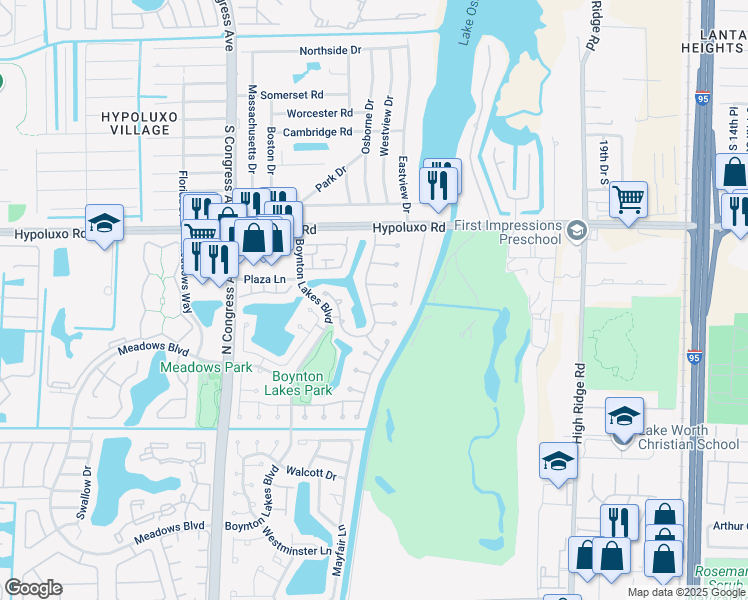 map of restaurants, bars, coffee shops, grocery stores, and more near 51 Paxford Lane in Boynton Beach
