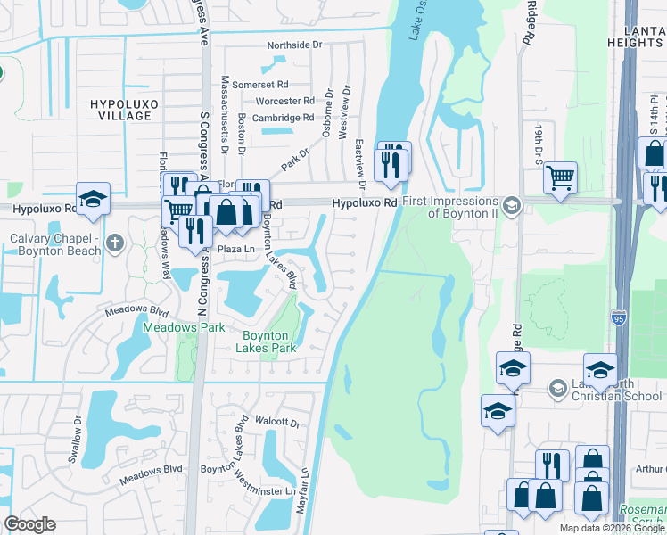 map of restaurants, bars, coffee shops, grocery stores, and more near 51 Paxford Lane in Boynton Beach