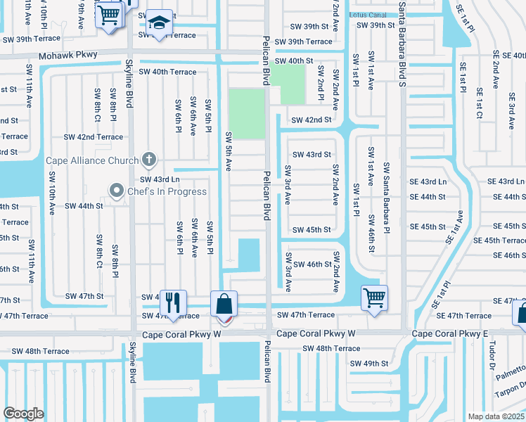 map of restaurants, bars, coffee shops, grocery stores, and more near 401 Southwest 44th Terrace in Cape Coral