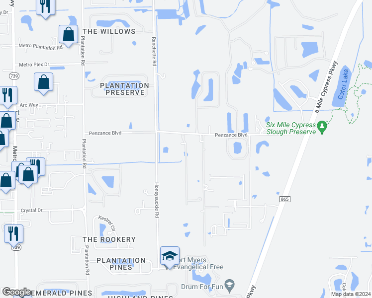 map of restaurants, bars, coffee shops, grocery stores, and more near 11659 Solano Drive in Fort Myers
