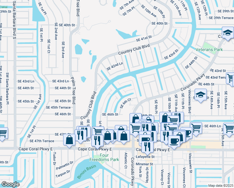 map of restaurants, bars, coffee shops, grocery stores, and more near 4508 Southeast 6th Place in Cape Coral