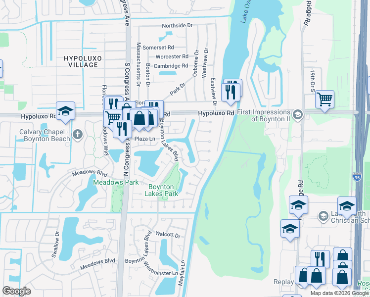 map of restaurants, bars, coffee shops, grocery stores, and more near 12 Paxford Lane in Boynton Beach