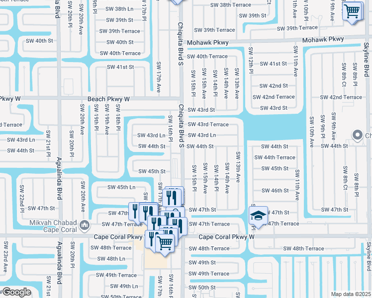 map of restaurants, bars, coffee shops, grocery stores, and more near 4403 Chiquita Boulevard South in Cape Coral
