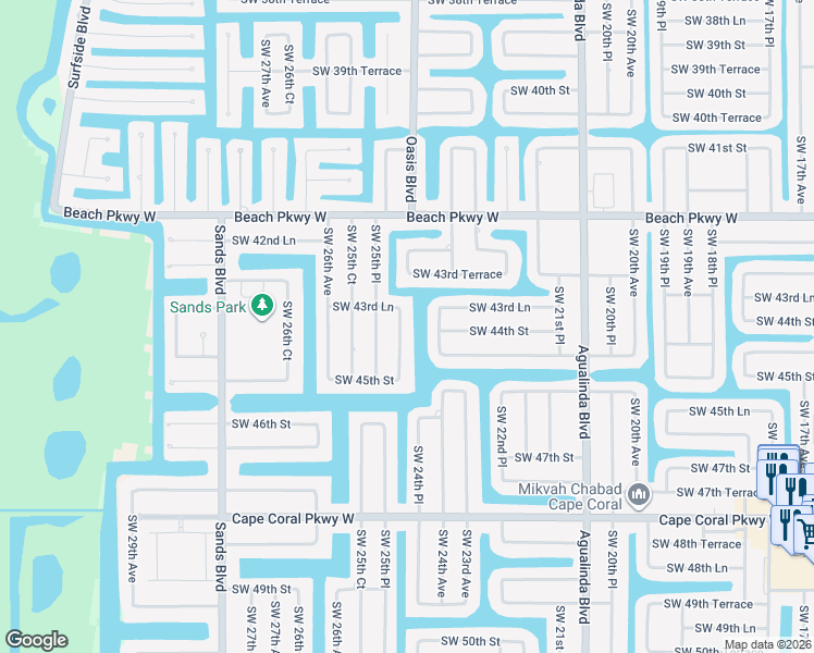 map of restaurants, bars, coffee shops, grocery stores, and more near 4343 Southwest 25th Avenue in Cape Coral