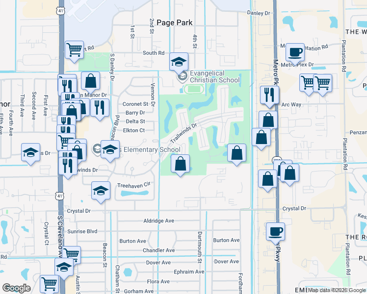 map of restaurants, bars, coffee shops, grocery stores, and more near 5660 Trailwinds Drive in Fort Myers