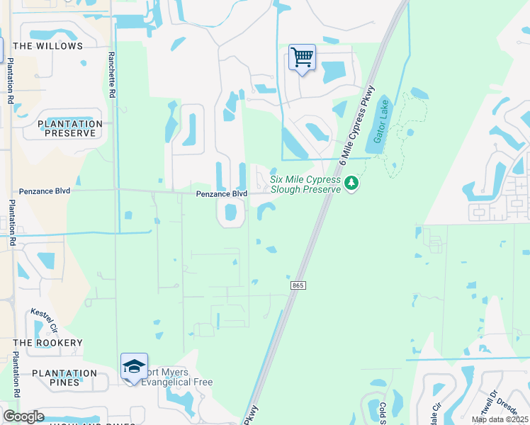 map of restaurants, bars, coffee shops, grocery stores, and more near 7400 Penzance Boulevard in Fort Myers