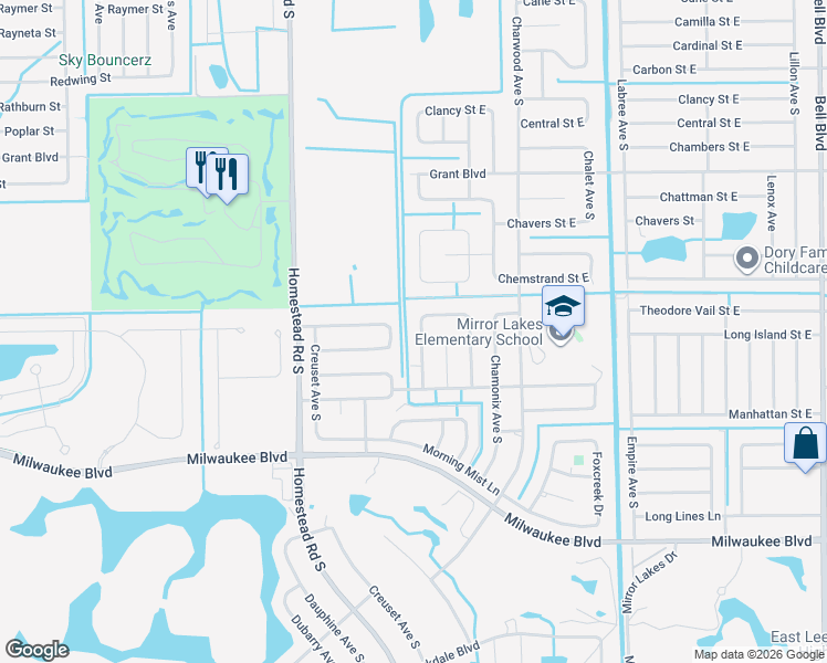 map of restaurants, bars, coffee shops, grocery stores, and more near 508 Caywood Avenue South in Lehigh Acres