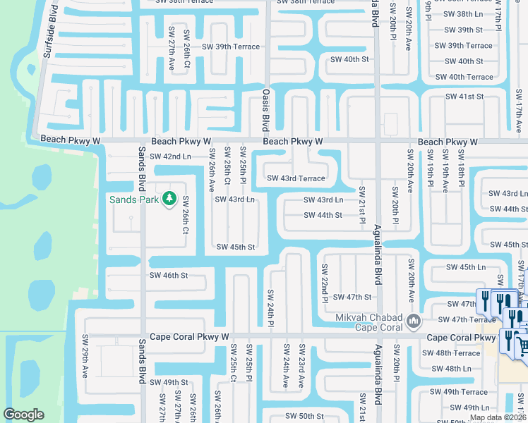 map of restaurants, bars, coffee shops, grocery stores, and more near 4343 Southwest 25th Avenue in Cape Coral