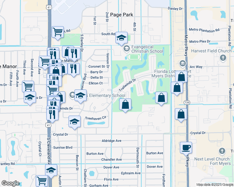map of restaurants, bars, coffee shops, grocery stores, and more near 5670 Trailwinds Drive in Fort Myers
