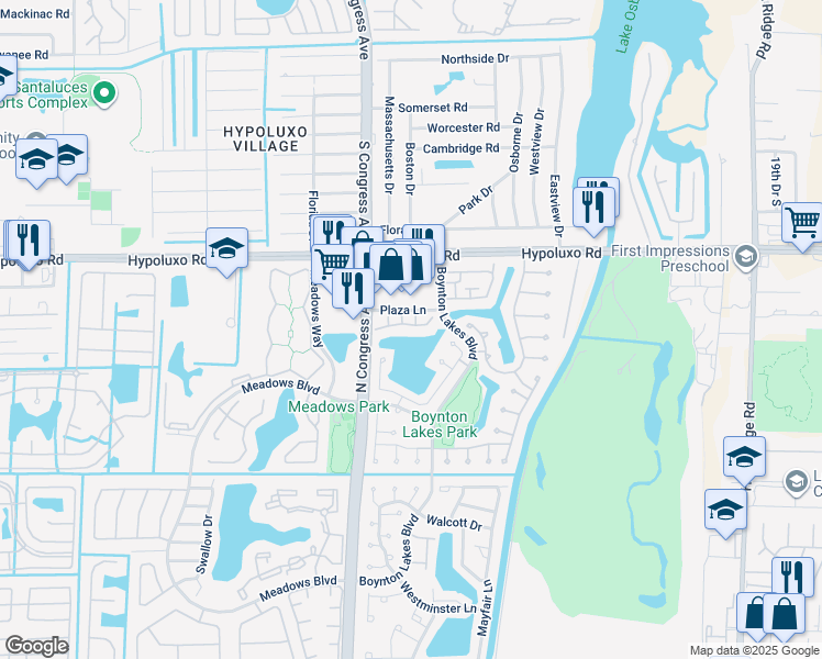 map of restaurants, bars, coffee shops, grocery stores, and more near 30 Desford Lane in Boynton Beach