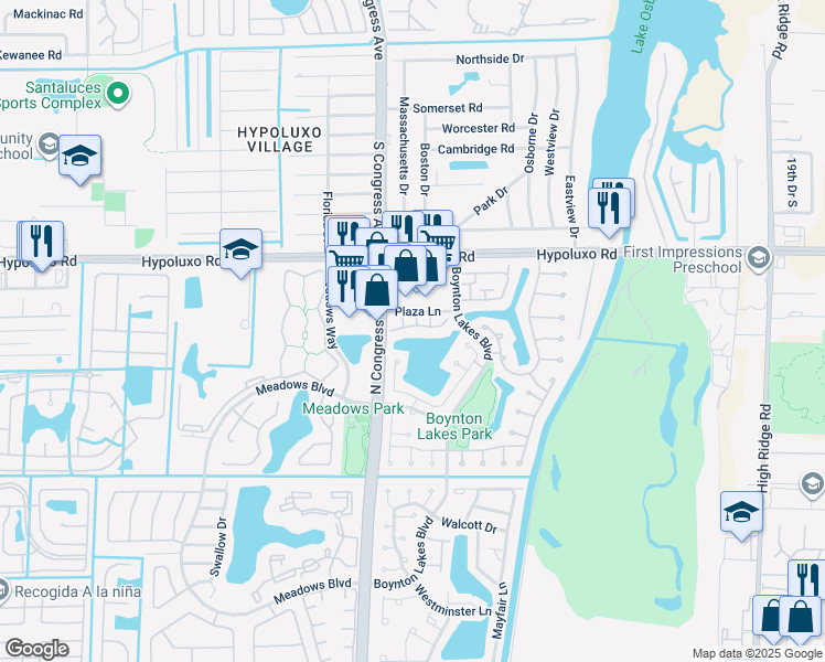 map of restaurants, bars, coffee shops, grocery stores, and more near 22 Desford Lane in Boynton Beach