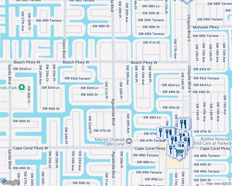 map of restaurants, bars, coffee shops, grocery stores, and more near 4357 Agualinda Boulevard in Cape Coral