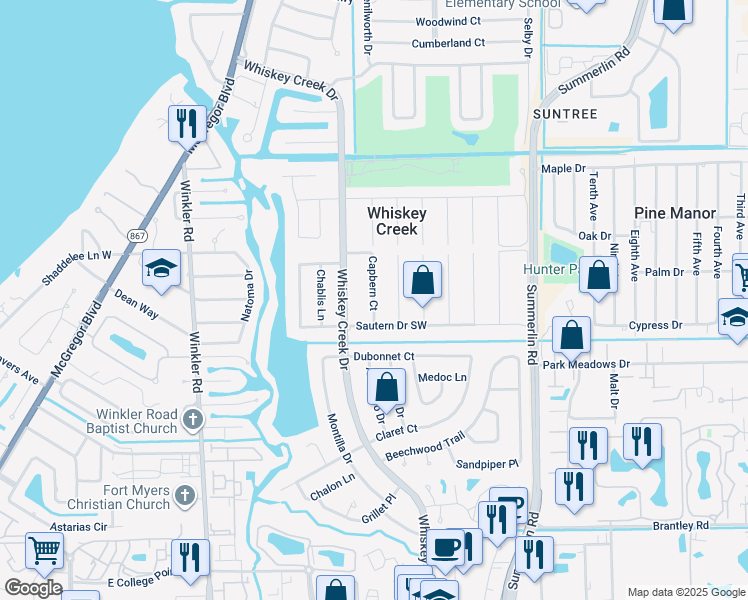 map of restaurants, bars, coffee shops, grocery stores, and more near 5480 Capbern Court in Fort Myers