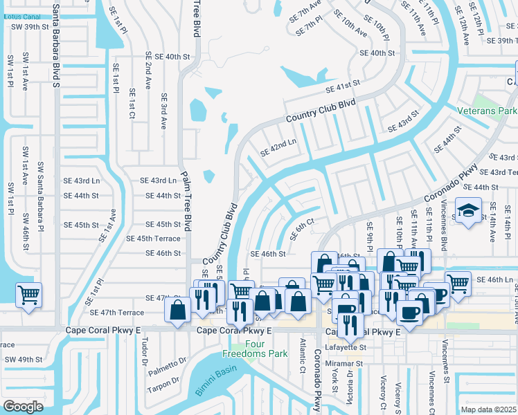 map of restaurants, bars, coffee shops, grocery stores, and more near 4520 Southeast 5th Place in Cape Coral