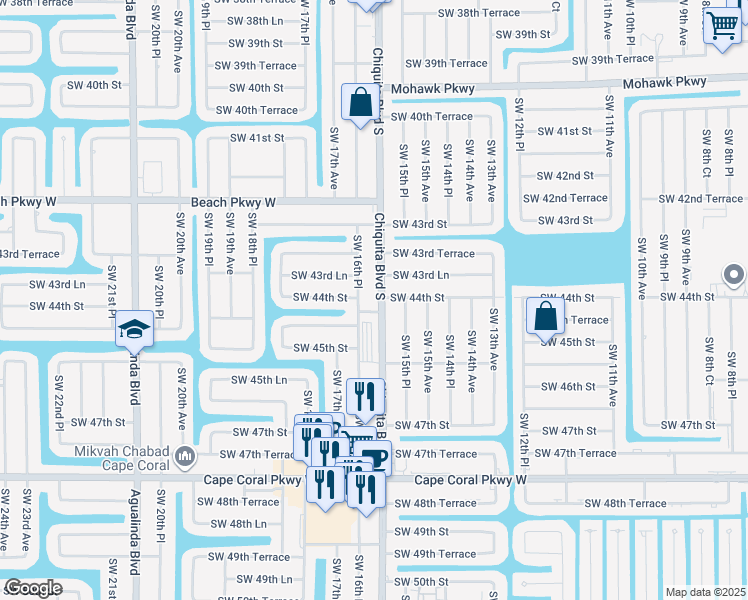 map of restaurants, bars, coffee shops, grocery stores, and more near 4403 Chiquita Boulevard South in Cape Coral