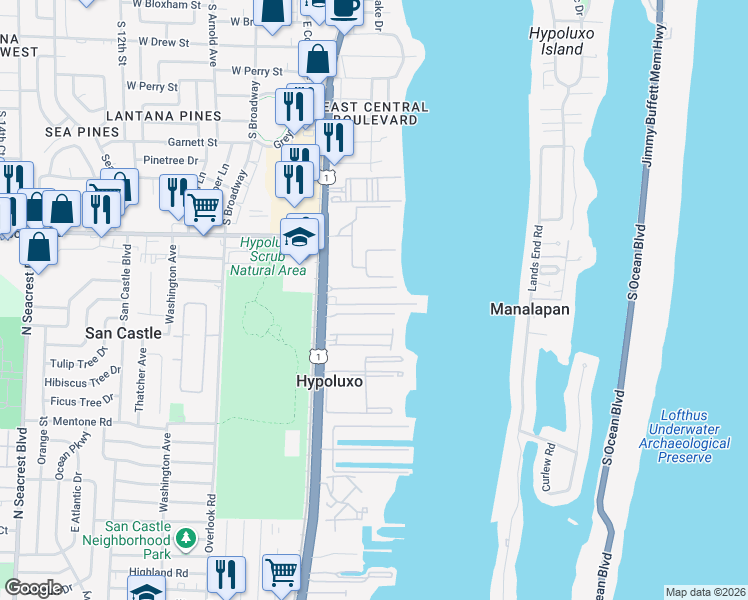 map of restaurants, bars, coffee shops, grocery stores, and more near 109 Park Lane East in Hypoluxo