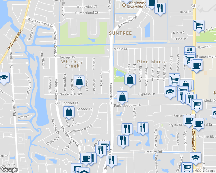 map of restaurants, bars, coffee shops, grocery stores, and more near 5785 Arvine Circle in Fort Myers