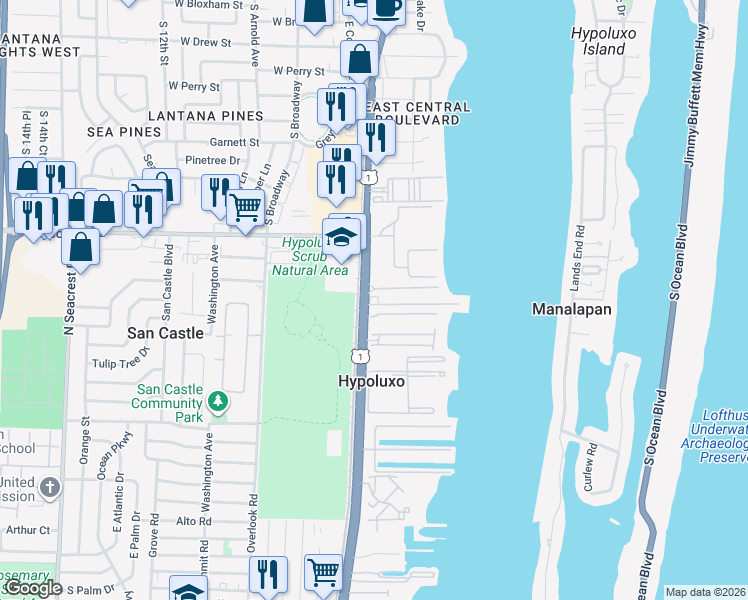 map of restaurants, bars, coffee shops, grocery stores, and more near 7200 South Federal Highway in Lantana