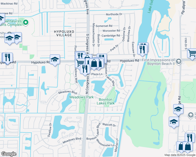 map of restaurants, bars, coffee shops, grocery stores, and more near 28 Desford Lane in Boynton Beach