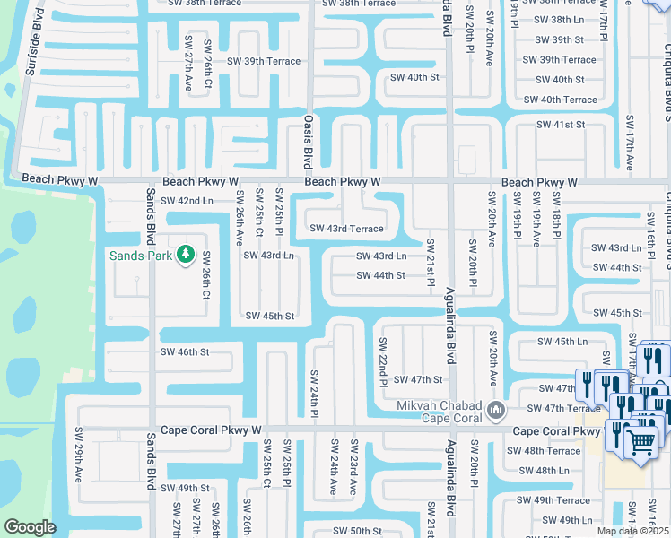 map of restaurants, bars, coffee shops, grocery stores, and more near 2317 Southwest 44th Street in Cape Coral