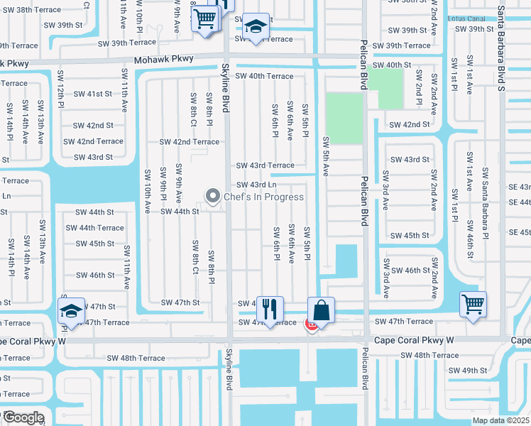 map of restaurants, bars, coffee shops, grocery stores, and more near 4401 Southwest 7th Avenue in Cape Coral