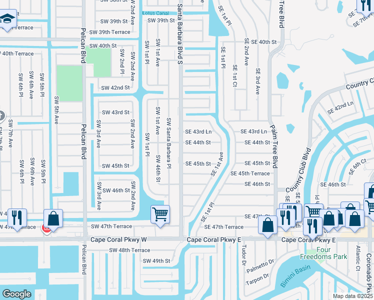 map of restaurants, bars, coffee shops, grocery stores, and more near 105 Southeast 44th Terrace in Cape Coral