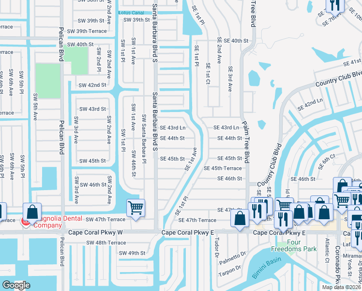 map of restaurants, bars, coffee shops, grocery stores, and more near 133 Southeast 44th Terrace in Cape Coral