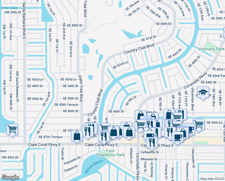map of restaurants, bars, coffee shops, grocery stores, and more near 4520 Southeast 5th Place in Cape Coral