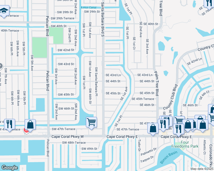 map of restaurants, bars, coffee shops, grocery stores, and more near 105 Southeast 44th Terrace in Cape Coral