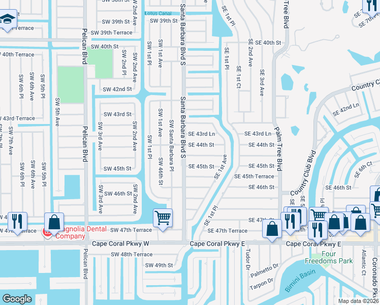 map of restaurants, bars, coffee shops, grocery stores, and more near 105 Southeast 44th Terrace in Cape Coral