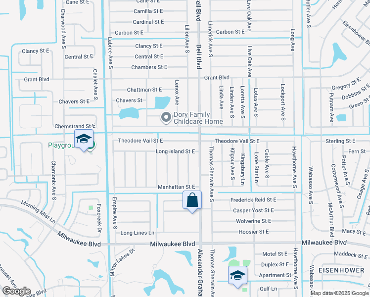 map of restaurants, bars, coffee shops, grocery stores, and more near 751 Long Island Street East in Lehigh Acres