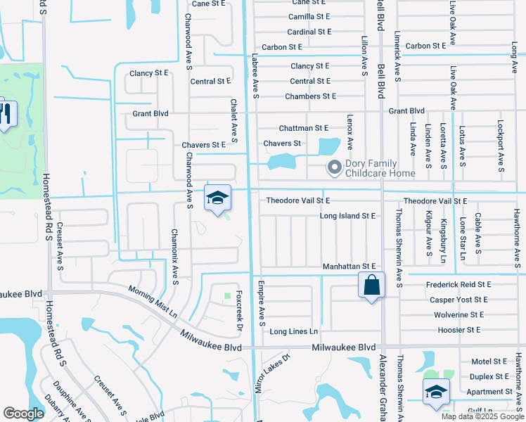 map of restaurants, bars, coffee shops, grocery stores, and more near 703 Long Island Street East in Lehigh Acres