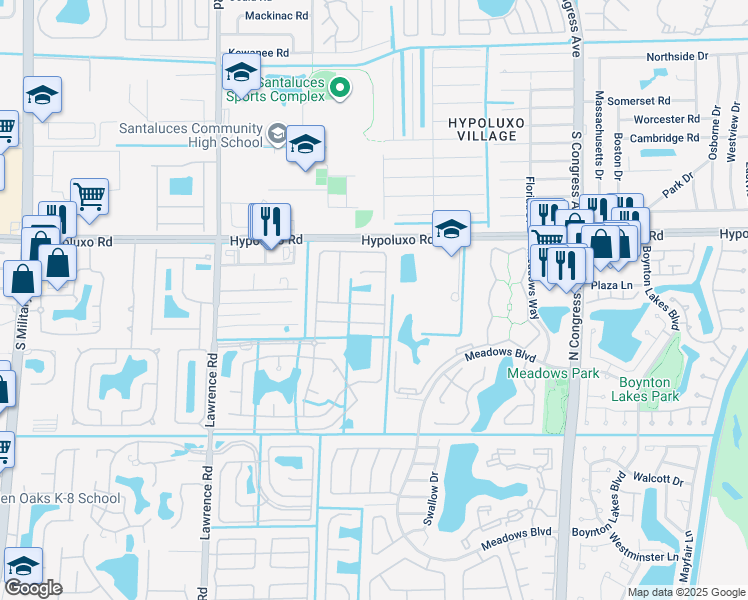 map of restaurants, bars, coffee shops, grocery stores, and more near 3527 Stratton Lane in Boynton Beach