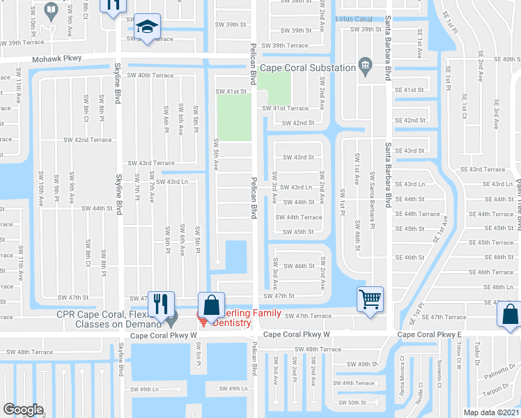 map of restaurants, bars, coffee shops, grocery stores, and more near 401 Southwest 44th Terrace in Cape Coral