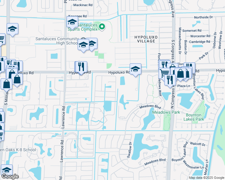 map of restaurants, bars, coffee shops, grocery stores, and more near 3527 Stratton Lane in Boynton Beach
