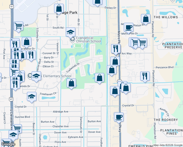 map of restaurants, bars, coffee shops, grocery stores, and more near 5860 Trailwinds Drive in Fort Myers