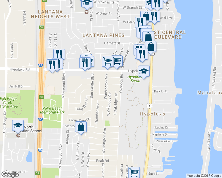 map of restaurants, bars, coffee shops, grocery stores, and more near 1081 North Oakridge Circle in Lantana
