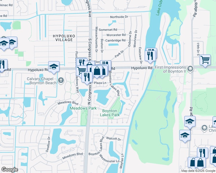 map of restaurants, bars, coffee shops, grocery stores, and more near 89 Buxton Lane in Boynton Beach
