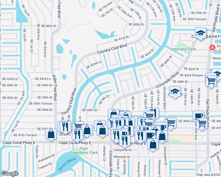 map of restaurants, bars, coffee shops, grocery stores, and more near 724 Southeast 44th Street in Cape Coral