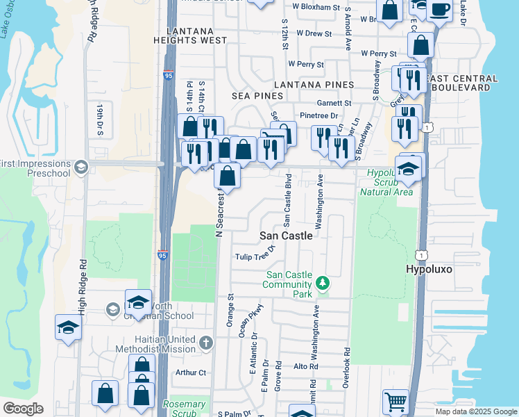 map of restaurants, bars, coffee shops, grocery stores, and more near 4029 Plum Tree Drive in Lantana